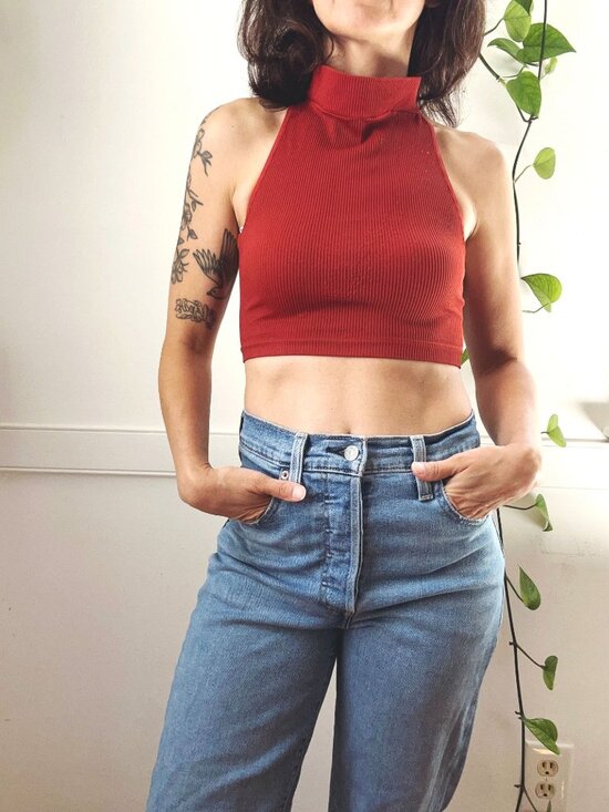 Out From Under Urban Outfitters Tops - Out From Under Urban Outfitters Red Ribbed Mock Neck Halter Crop Top S